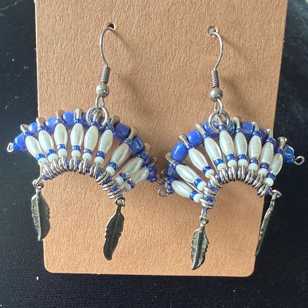 Blue Silver Beaded Fan Earrings Feather Dangle Boho Statement